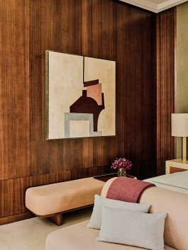 Rosewood Art: Abstract painting on wood panel wall in a luxury hotel room by Kensington Leverne Photography. 