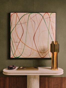Rosewood Art: Kensington Leverne Photography showcases a modern art print with a gold vase on a marble table. 